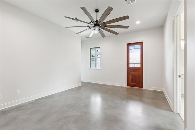 spare room with baseboards, visible vents, ceiling fan, concrete floors, and recessed lighting