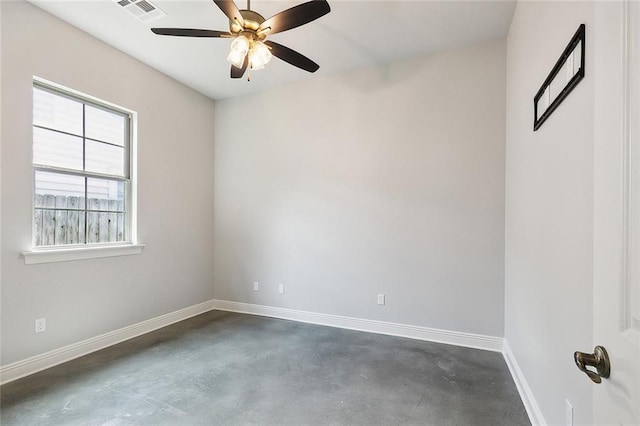 empty room featuring baseboards, visible vents, ceiling fan, and concrete flooring