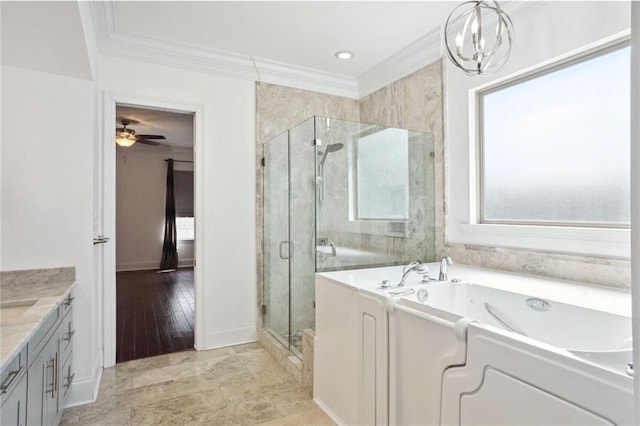 bathroom featuring crown molding, hardwood / wood-style floors, vanity, and plus walk in shower