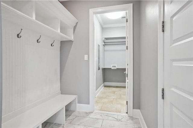 mudroom featuring ornamental molding