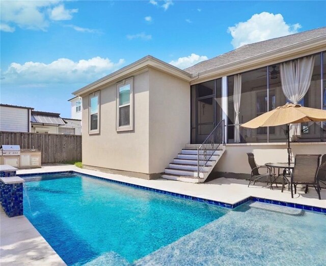 view of swimming pool featuring pool water feature