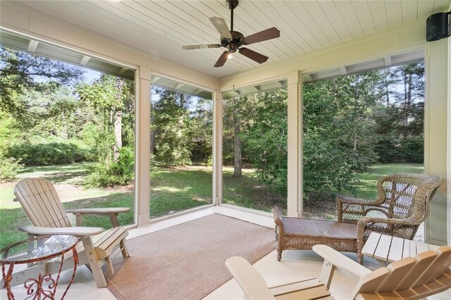 sunroom / solarium with ceiling fan and wooden ceiling