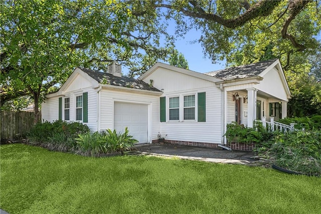 single story home featuring a garage, a porch, and a front lawn