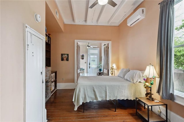 bedroom featuring wood-type flooring, ceiling fan, beamed ceiling, and a wall mounted air conditioner