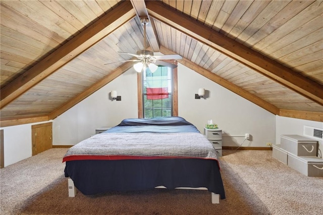 bedroom featuring ceiling fan, wood ceiling, lofted ceiling with beams, and carpet