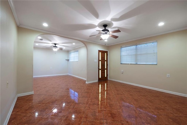 3306 Trafalgar St, New Orleans, LA 70112 - empty room featuring arched walkways, recessed lighting, ornamental molding, and ceiling fan