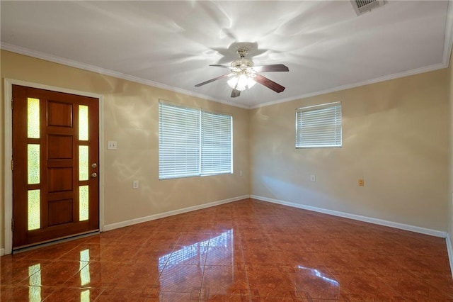 3306 Trafalgar St, New Orleans, LA 70112 - foyer entrance featuring ornamental molding, baseboards, a ceiling fan, and visible vents