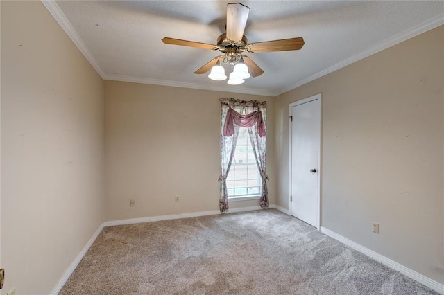 spare room with ornamental molding, ceiling fan, and carpet