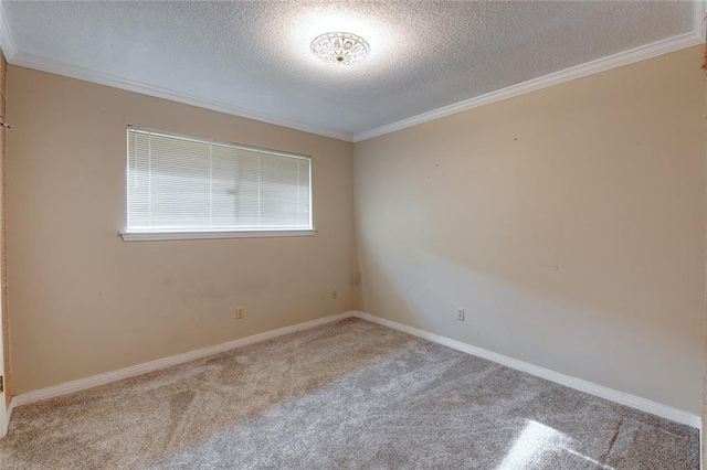 empty room featuring ornamental molding, carpet, and a textured ceiling