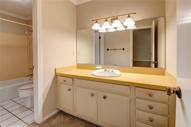 full bathroom with crown molding, vanity, toilet, and bathtub / shower combination