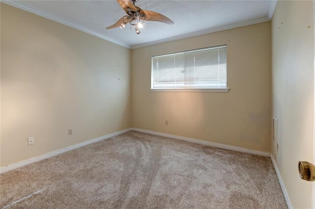 spare room featuring ceiling fan, light carpet, and ornamental molding