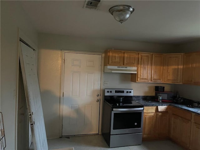 4653 Dale St, New Orleans, LA 70126 - kitchen with stainless steel range with electric stovetop, under cabinet range hood, and dark countertops
