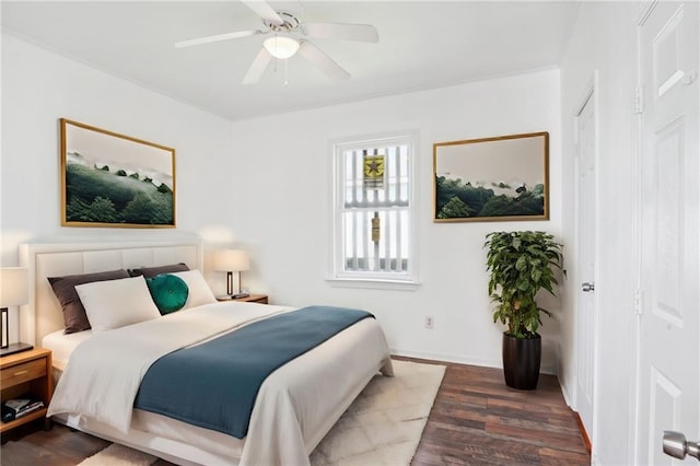 bedroom featuring ceiling fan and dark hardwood / wood-style flooring