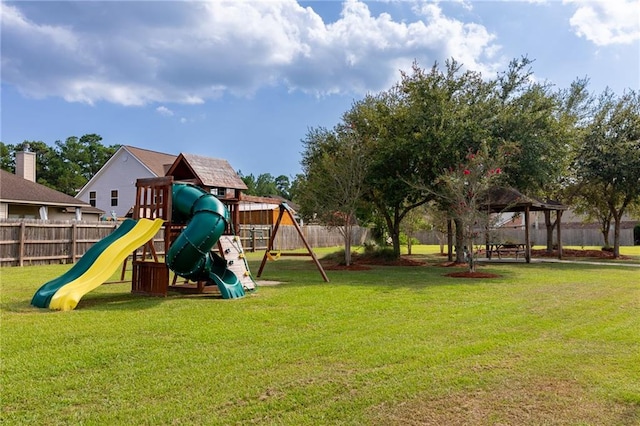 view of play area featuring a gazebo and a lawn