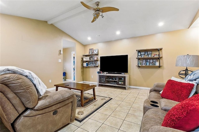 tiled living room with ceiling fan and vaulted ceiling with beams