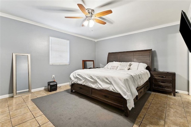 bedroom featuring ceiling fan, tile patterned flooring, and ornamental molding