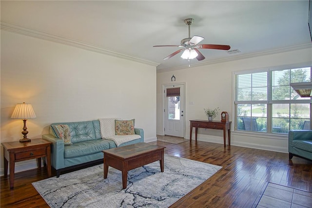 living room featuring ornamental molding, ceiling fan, and dark hardwood / wood-style flooring