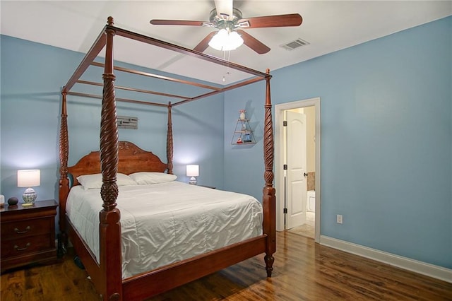 bedroom featuring dark wood-type flooring and ceiling fan