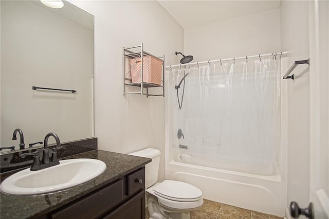 full bathroom featuring vanity, shower / bathtub combination with curtain, tile patterned floors, and toilet