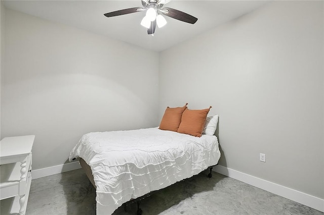 bedroom with concrete floors and ceiling fan