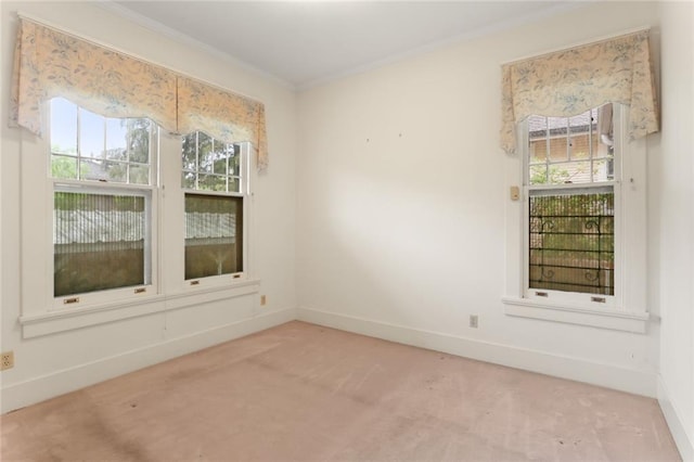 carpeted spare room featuring a healthy amount of sunlight and ornamental molding