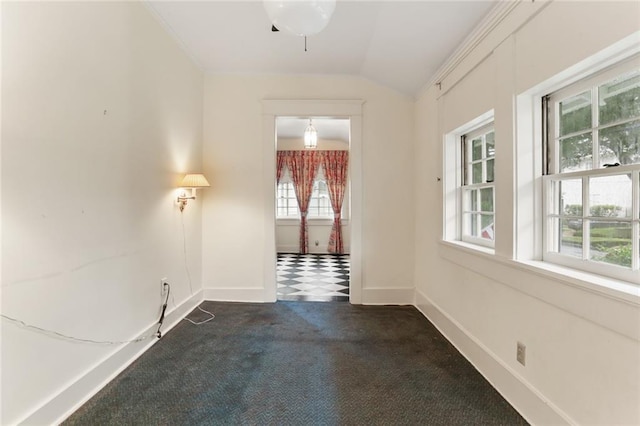 carpeted empty room with lofted ceiling and a wealth of natural light