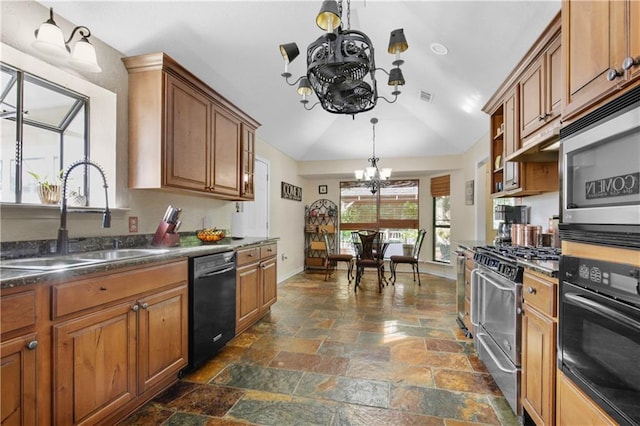 kitchen featuring lofted ceiling, black appliances, sink, and a chandelier