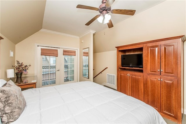 bedroom featuring vaulted ceiling, crown molding, ceiling fan, french doors, and access to outside