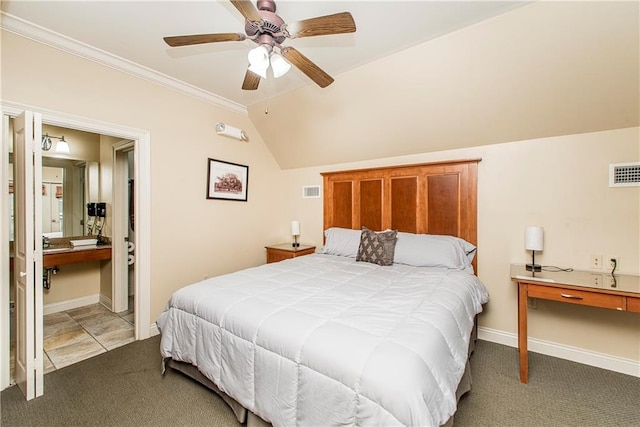 carpeted bedroom with ceiling fan, lofted ceiling, and ornamental molding