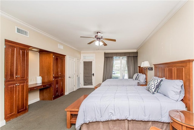 bedroom featuring ceiling fan, carpet floors, and crown molding