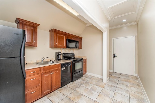 kitchen with black appliances, crown molding, light tile patterned floors, and sink