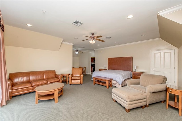 carpeted bedroom with crown molding and ceiling fan