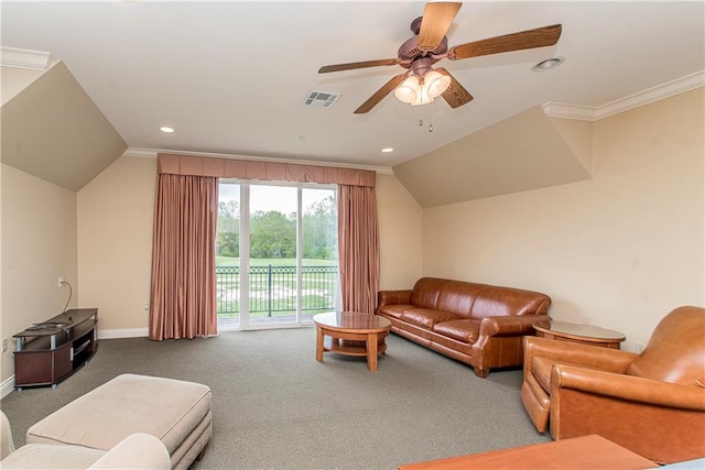 living room with ceiling fan, lofted ceiling, crown molding, and carpet flooring