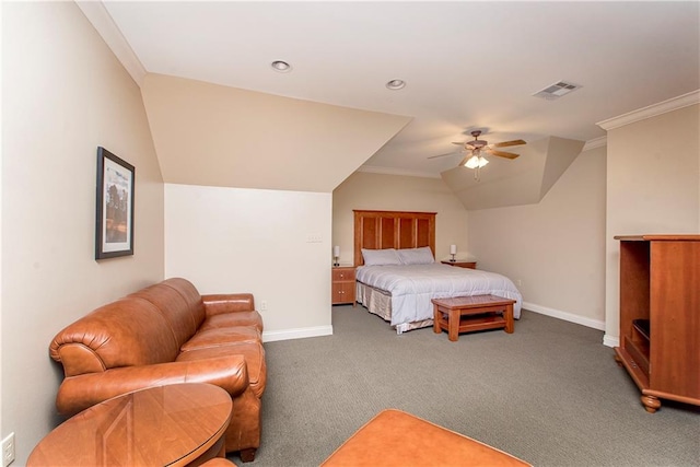 bedroom with ceiling fan, crown molding, vaulted ceiling, and dark carpet