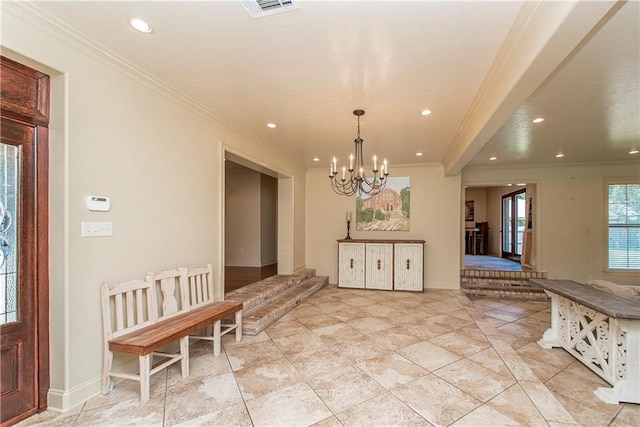 dining space with crown molding, a notable chandelier, recessed lighting, and visible vents