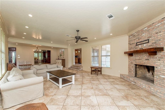 living room featuring crown molding, a brick fireplace, light tile patterned flooring, and visible vents