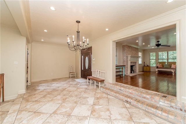 unfurnished room featuring recessed lighting, a fireplace, and ornamental molding