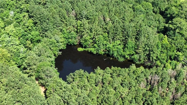 aerial view with a forest view and a water view