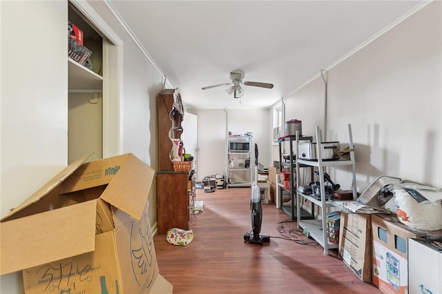 interior space featuring ornamental molding, hardwood / wood-style floors, and ceiling fan