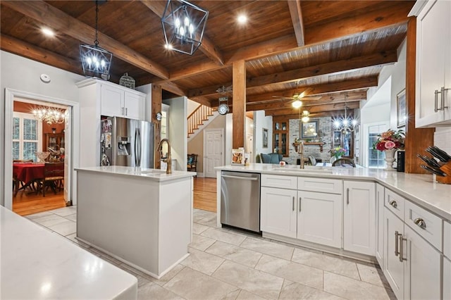 kitchen featuring pendant lighting, appliances with stainless steel finishes, wood ceiling, kitchen peninsula, and white cabinets