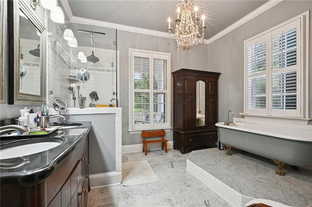 bathroom featuring crown molding, vanity, a healthy amount of sunlight, and plus walk in shower