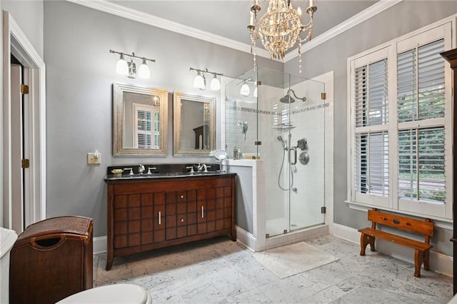 bathroom featuring walk in shower, an inviting chandelier, crown molding, and vanity