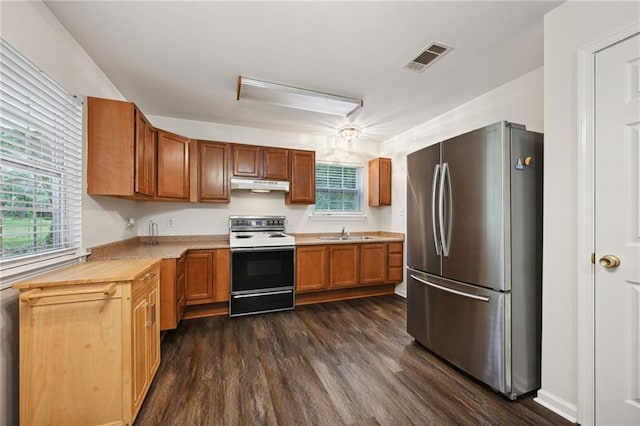 kitchen with dark hardwood / wood-style flooring, sink, stainless steel refrigerator, and electric stove