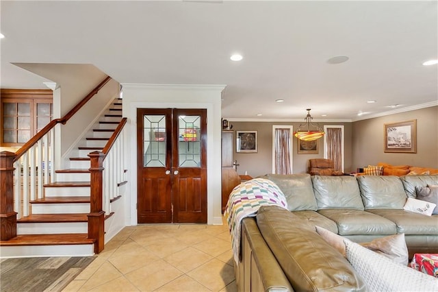 living room featuring crown molding and light tile patterned floors