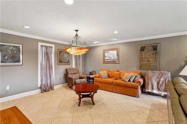 tiled living room featuring crown molding