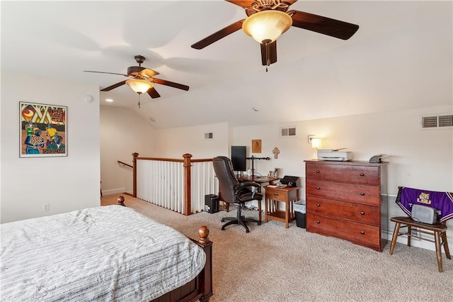 bedroom featuring light carpet, lofted ceiling, and ceiling fan