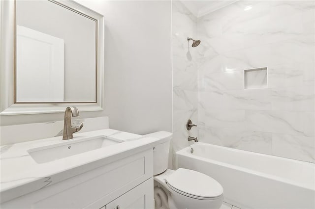 full bathroom with tiled shower / bath combo, vanity, and toilet