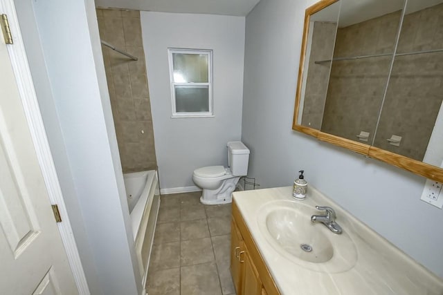 full bathroom with tiled shower / bath combo, vanity, tile patterned flooring, and toilet