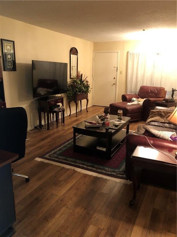 living room featuring a textured ceiling and hardwood / wood-style floors