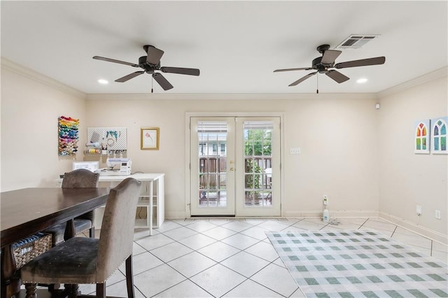 interior space with crown molding, light tile patterned flooring, and ceiling fan